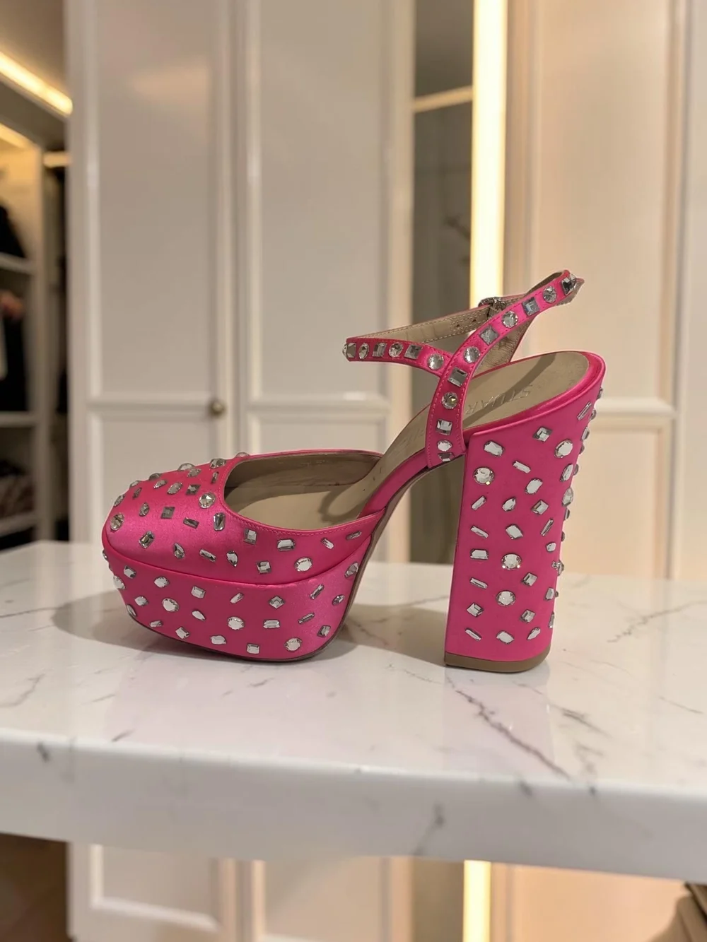 Stuart Weitzman Pink Satin Rhinestone Platform Heels 7 NWOB